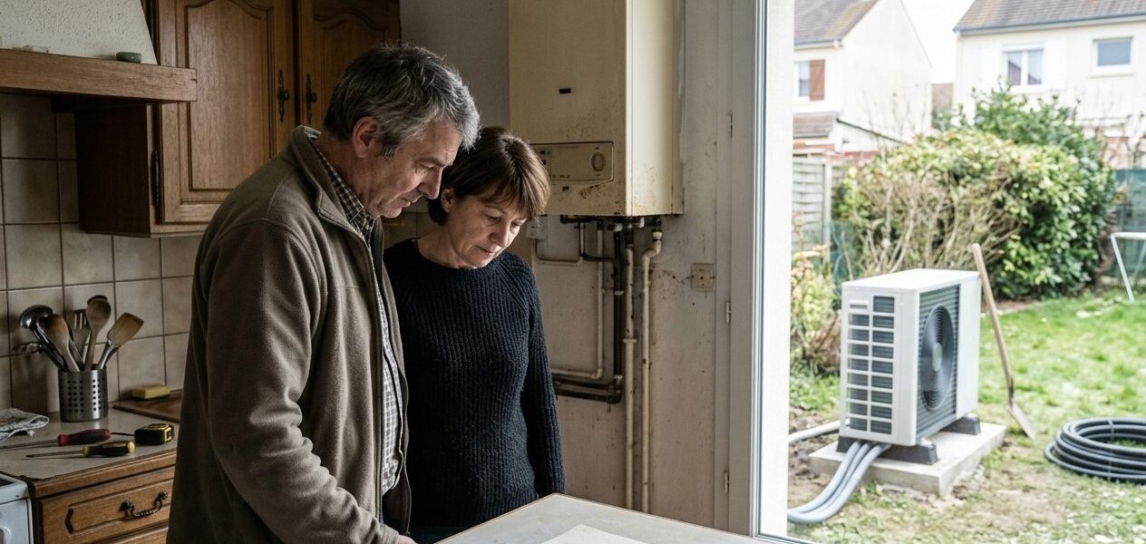 Un couple de propriétaires debout dans leur cuisine, penchés sur une facture de devis travaux, avec en arrière-plan une