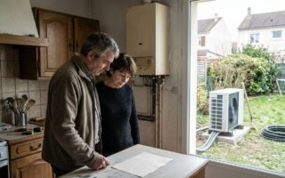 Un couple de propriétaires debout dans leur cuisine, penchés sur une facture de devis travaux, avec en arrière-plan une