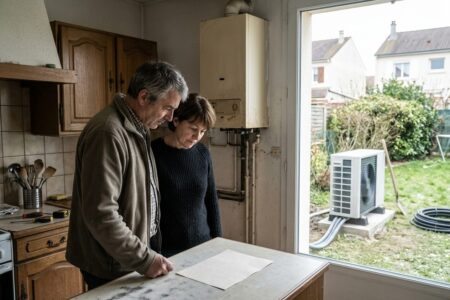 Un couple de propriétaires debout dans leur cuisine, penchés sur une facture de devis travaux, avec en arrière-plan une