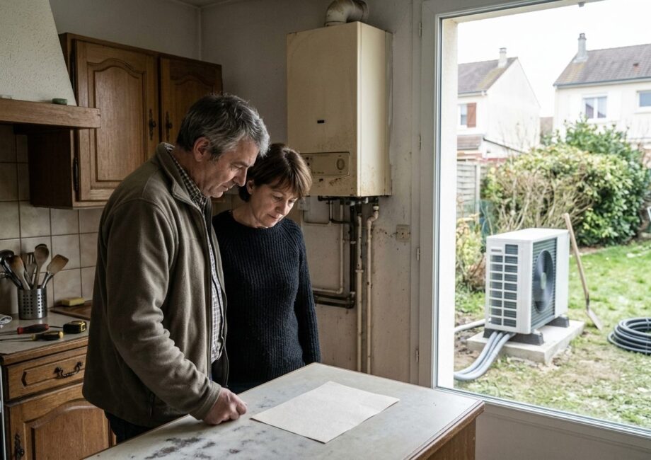 Un couple de propriétaires debout dans leur cuisine, penchés sur une facture de devis travaux, avec en arrière-plan une