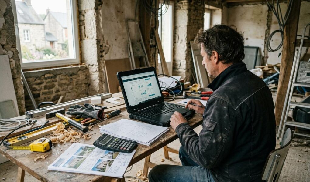 Un propriétaire consulte sur son ordinateur un simulateur de loyer plafonné, une annonce immobilière et une calculette