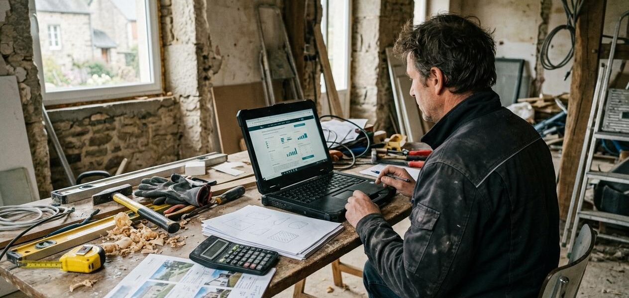 Un propriétaire consulte sur son ordinateur un simulateur de loyer plafonné, une annonce immobilière et une calculette