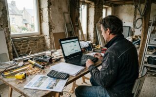 Un propriétaire consulte sur son ordinateur un simulateur de loyer plafonné, une annonce immobilière et une calculette