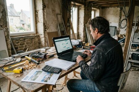 Un propriétaire consulte sur son ordinateur un simulateur de loyer plafonné, une annonce immobilière et une calculette