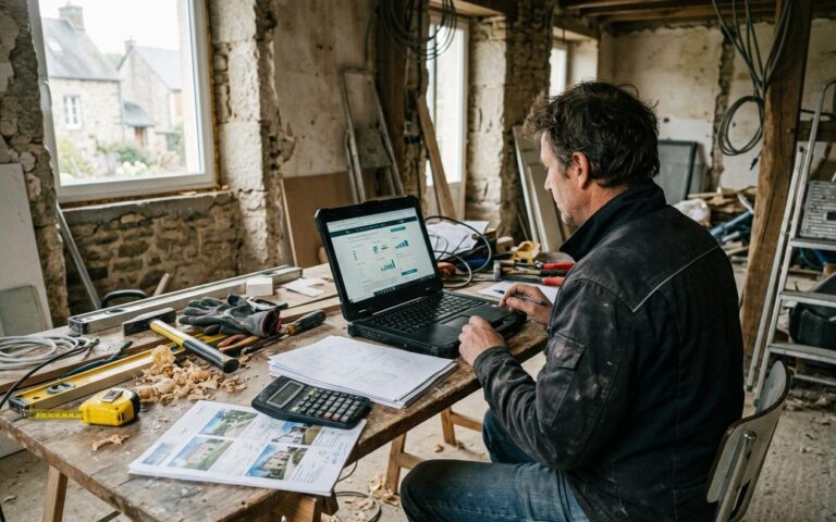 Un propriétaire consulte sur son ordinateur un simulateur de loyer plafonné, une annonce immobilière et une calculette