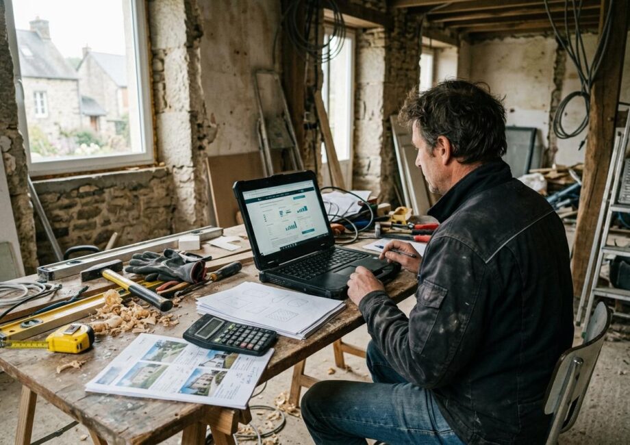 Un propriétaire consulte sur son ordinateur un simulateur de loyer plafonné, une annonce immobilière et une calculette