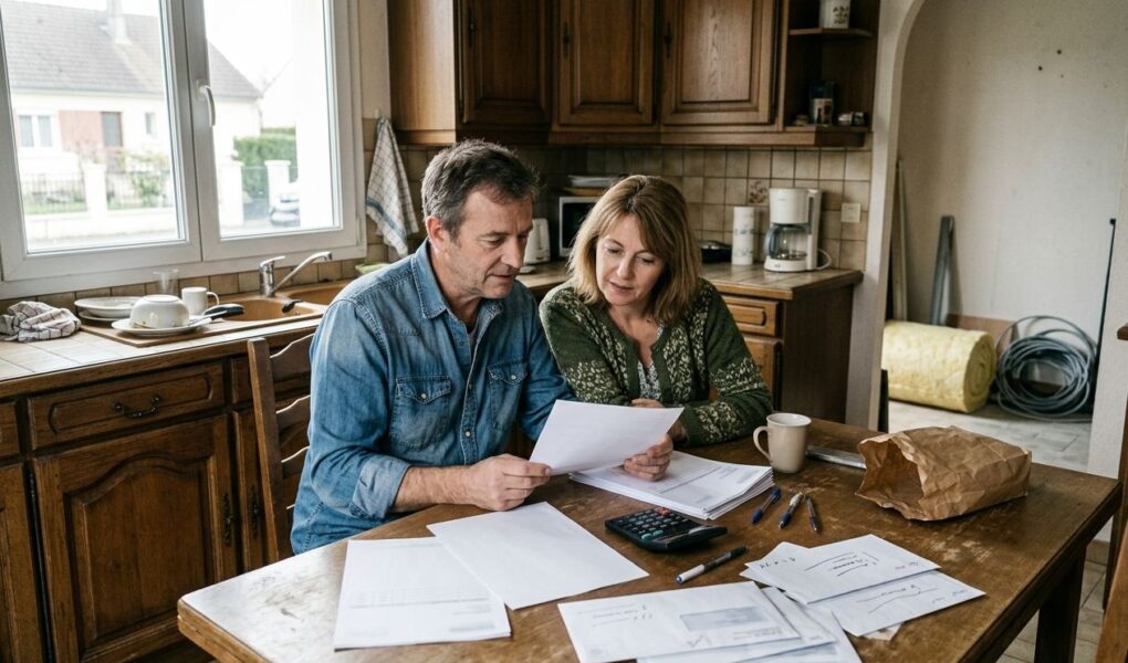 Un couple consulte un devis d'isolation de combles à la table de la cuisine, calculatrice et courrier de l'Anah posés à côté