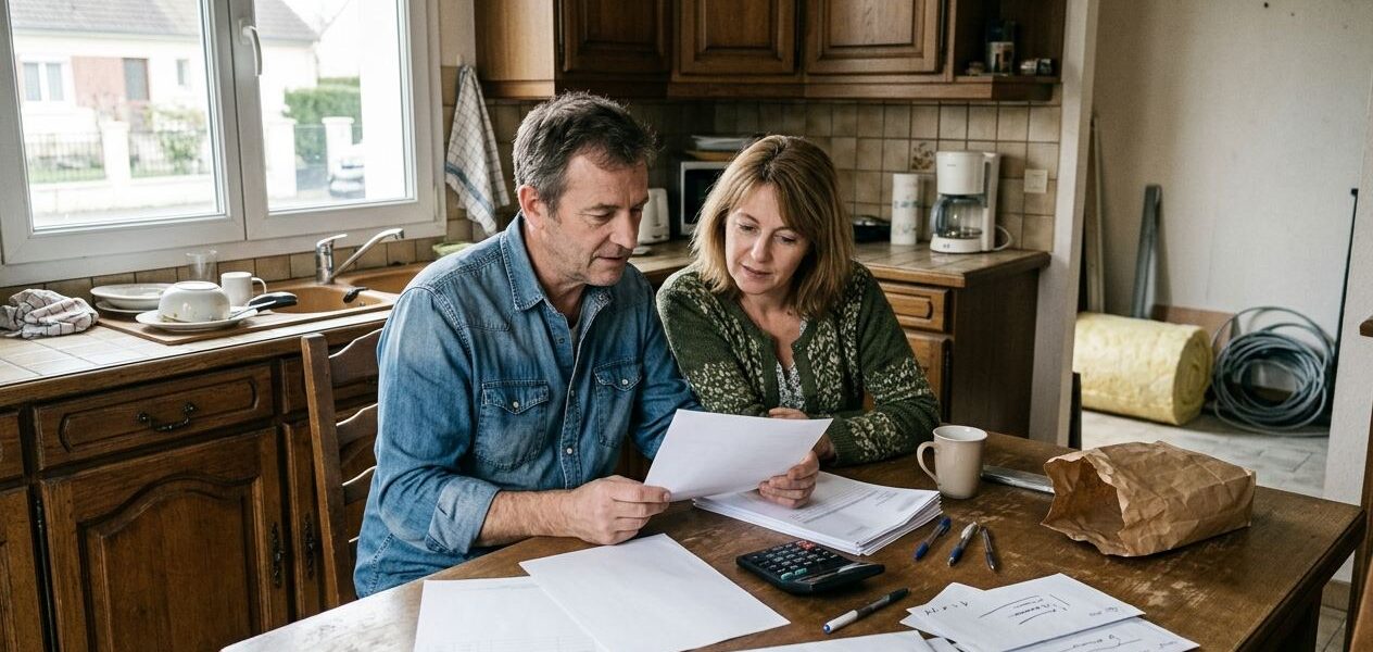 Un couple consulte un devis d'isolation de combles à la table de la cuisine, calculatrice et courrier de l'Anah posés à côté