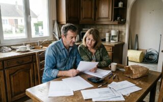 Un couple consulte un devis d'isolation de combles à la table de la cuisine, calculatrice et courrier de l'Anah posés à côté