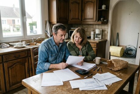 Un couple consulte un devis d'isolation de combles à la table de la cuisine, calculatrice et courrier de l'Anah posés à côté