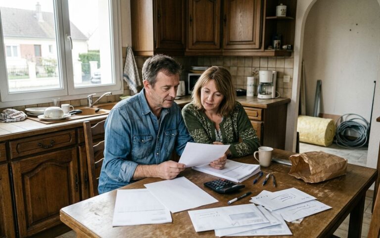 Un couple consulte un devis d'isolation de combles à la table de la cuisine, calculatrice et courrier de l'Anah posés à côté