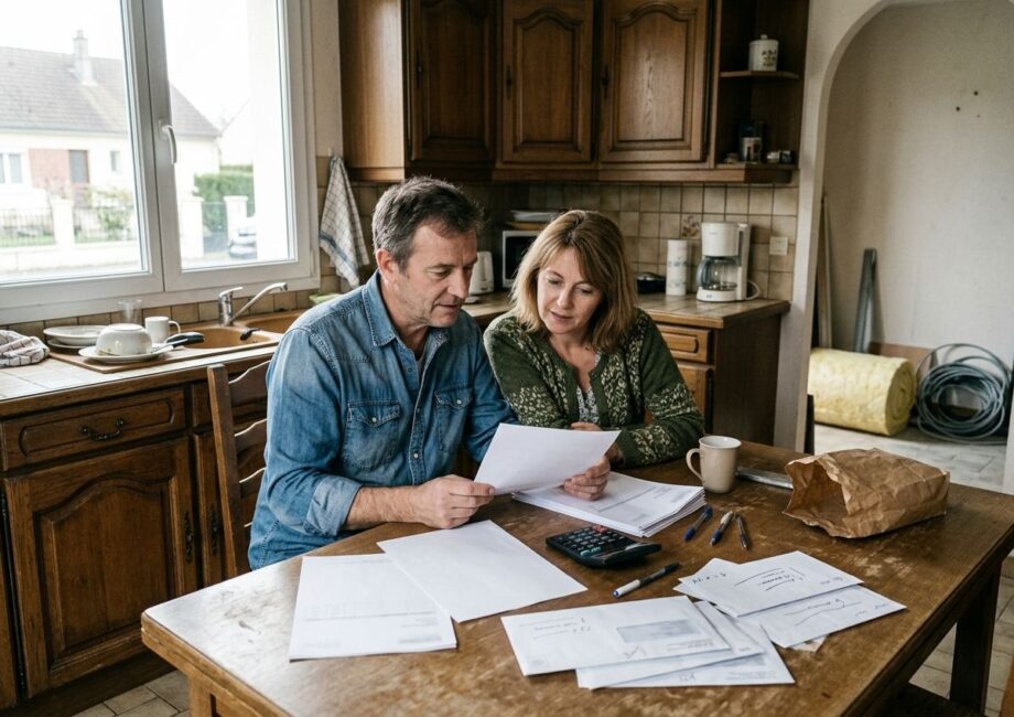 Un couple consulte un devis d'isolation de combles à la table de la cuisine, calculatrice et courrier de l'Anah posés à côté