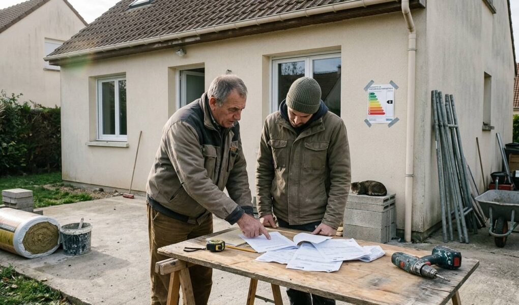 Un propriétaire et son locataire penchés sur un avenant de bail et des factures de travaux de rénovation énergétique posés
