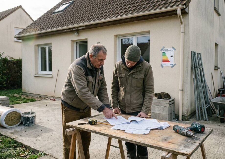Un propriétaire et son locataire penchés sur un avenant de bail et des factures de travaux de rénovation énergétique posés